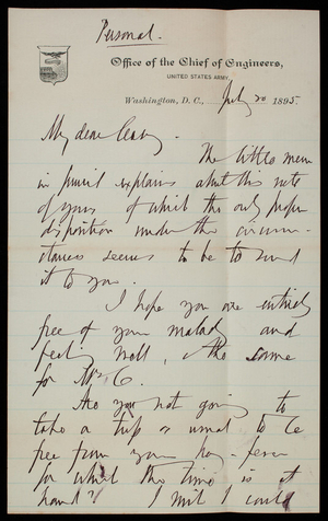 William [P.] Craighill to Thomas Lincoln Casey, July 30, 1895