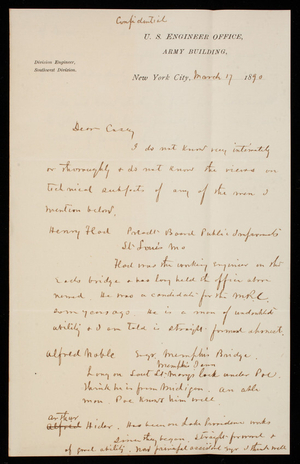 [Cyrus] B. Comstock to Thomas Lincoln Casey, March 17, 1890