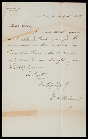 [William] Rich Hutton to Thomas Lincoln Casey, August 1, 1892