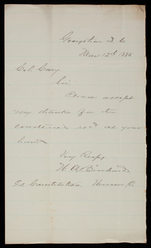 W. A. [Binchard] to Thomas Lincoln Casey, March 12, 1885