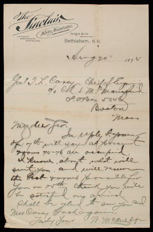 [William] McAuliffe, The Sinclair to Thomas Lincoln Casey, August 20, 1894