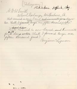 Letter from Benjamin Smith Lyman to A. D. W. Smith