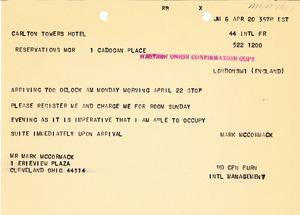 Telegram from Mark H. McCormack to Carlton Towers Hotel