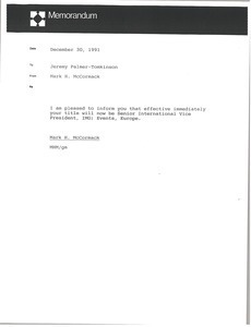 Memorandum from Mark H. McCormack to Jeremy Palmer Tomkinson