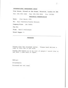 Fax from Mark H. McCormack to Haji Fukuhara and Fumiko Matsuki