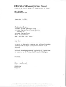 Letter from Mark H. McCormack to Jonathan S. Linen