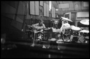 Stephen Stills, David Crosby, and Graham Nash (l. to r.) in Wally Heider Studio 3 recording the first Crosby, Stills, and Nash album