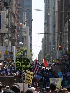 Crowd filling the streets during march to oppose the war in Iraq