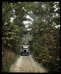 Automobile driving on a dirt road