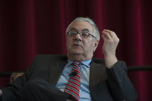 Close-up of Congressman Barney Frank seated on the Student Union Ballroom stage, UMass Amherst, during his book event