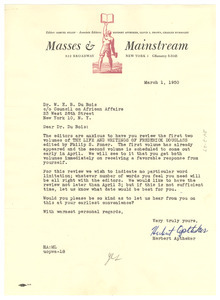 Letter from Masses & Mainstream to W. E. B. Du Bois