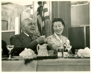 W. E. B. Du Bois with Choan Cha Kwak at farewell dinner, 1956