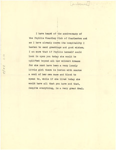 Greeting from W. E. B. Du Bois to Phillis Wheatley Club (Charleston, S.C.)