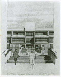Pencil Drawing of Babson Library Entrance, Titled "Tomorrow"