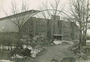 The almost completed front entrance of the Memorial Field House at Springfield College, 1947