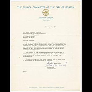 Letter from Robert Wood to Betty Johnson regarding recommendations to the proposed code of discipline