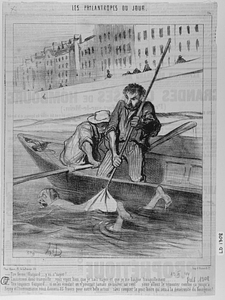 - Tire ferme, Gaspard.... y va s'neyer!.... - Laissez moi donc tranquille... vous voyez bien que je sais nager et que je me baigne tranquillement..... - Tire toujours Gaspard... si on les écoutait on n'pourrait jamais en sauver un seul... nous allons le remonter comme ça jusqu'à Bercy et l'commissaire nous donnera 25 francs pour notre belle action... sans compter le pour-boire qui sera à la générosité du bourgeois!..