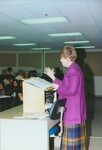 Suffolk University Professor Catherine T. Judge (Law) lecturing in classroom, photograph, circa 1990s
