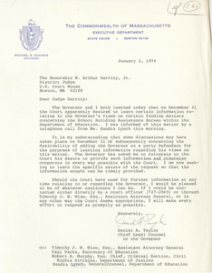 Letter from Daniel A. Taylor, Chief Legal Counsel to Governor Michael Dukakis, to Judge W. Arthur Garrity, 1976 January 2