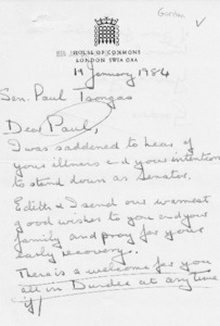 Letter from Gorden Wilson, M. P. to Sen. Paul Tsongas