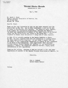 Letter to David J. Black from Senator Paul E. Tsongas declining an invitation, and making Mr. Black aware of his support for establishing a National War Memorial