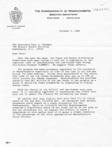 Letter to Paul E. Tsongas from Governor Michael S. Dukakis regarding the task of reauthorizing the Low-Income Home Energy Assistance Program (LIHEAP)
