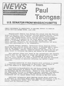 News from Paul Tsongas: Public Encouraged to Participate in National Rivers Celebration During American Rivers Month, June 1982