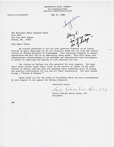 Letter from Sister Roberta Marie Brown to Mayor Raymond L. Flynn