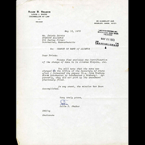 Letter from Salim R. Shakur to Frieda Garcia.