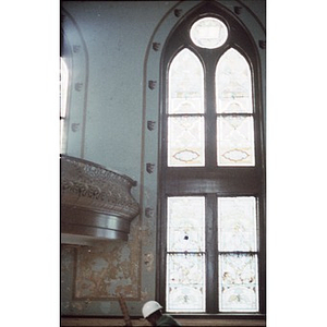 View of the window and portion of the balcony in the former All Saints Lutheran Church.