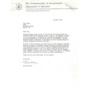 Letter, Citywide Parents' Advisory Council, April 20, 1981.