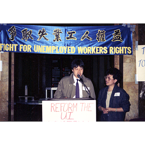 Speaker and Suzanne Lee at an unemployment insurance rally