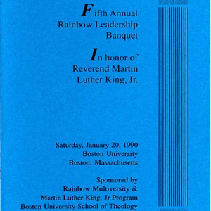 Program booklet entitled "Fifth Annual Rainbow Leadership Banquet in Honor of Reverend Martin Luther King, Jr." and related correspondence, an event at which the Chinese Progressive Association Workers' Center received an award