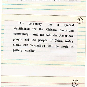 Typed speech on index cards written for a flag raising ceremony in Boston celebrating the National Day of the People's Republic of China