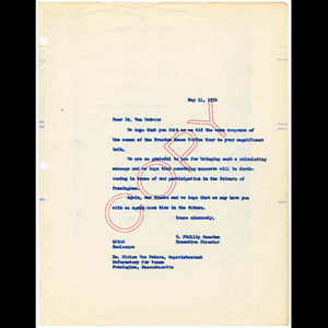 Letter from Otto Phillip Snowden to Miriam Van Waters, Superintendent of the Reformatory for Women in Framingham, thanking her for speaking at Freedom House Coffee Hour