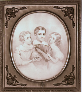 Group portrait of three children, Josiah Quincy House, Wollaston, Mass., undated