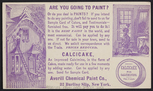 Postcard for Calcicake, Averill Chemical Paint Co., 32 Burling Slip, New York, New York, dated April 23, 1879
