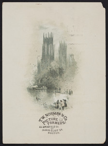 Trade card for T.W. Norman & Co., picture framers, 44 Bromfield Street and 114 & 116 Eliot Street, Boston, Mass., undated