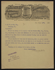 Letterhead for Hendricks' Directory of the United States, architectural, engineering & mechanical, S.E. Hendricks' Co., 61 Beekman Street, New York, New York, dated April 20, 1901