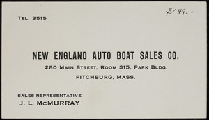 Trade card for the New England Auto Boat Sales Co., 280 Main Street, Room 315, Park Bldg., Fitchburg, Mass., undated