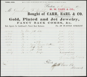 Billhead for M.W. Carr & Co., manufacturers of gold, plated and jet jewelry, fancy back combs, No. 38 Water Street, Boston, Mass., dated 17 June 1870