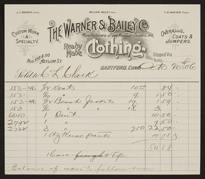 Billhead for The Warner & Bailey Co., ready made clothing, Nos. 108 & 110 Asylum Street, Hartford, Connecticut., dated October 20, 1906