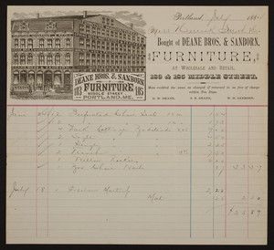 Billhead for Deane Bros. & Sanborn, furniture, 183 & 185 Middle Street, Portland, Maine, dated July, 1884
