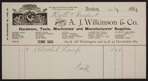 Billheads for A.J. Wilkinson & Co., hardware, tools, machinists' and manufacturers' supplies, 184 & 188 Washington and 23 & 25 Devonshire Streets, Boston, Mass., dated July 31 and October 2, 1884