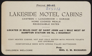 Trade card for Lakeside Motel Cabins, No. 2 Highway, Hampton Station, New Hampshire, undated
