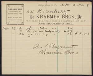 Billhead for Kraemer Bros., steam, planing, scroll, sawing, turning and moulding mill, College Point, New York, dated November 30, 1898