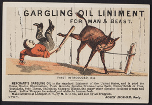 Trade card for Merchant's Gargling Oil Liniment for man & beast, John Hodge, Merchant's Gargling Oil Company, Lockport, New York, undated