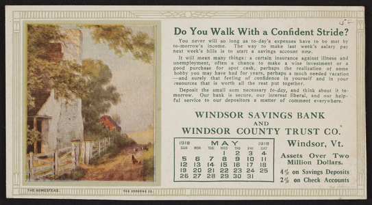 Trade card for Windsor Savings Bank and Windsor County Trust Co., Windsor, Vermont, May 1918