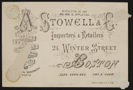 Trade card for A. Stowell & C., importers and retailers, 24 Winter Street, Boston, Mass., undated