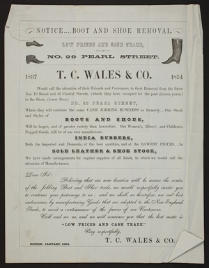 Circular for T.C. Wales & Co., boots and shoes, India rubbers, sole leather & shoe stock, No. 29 Pearl Street, Boston, Mass., January 1854